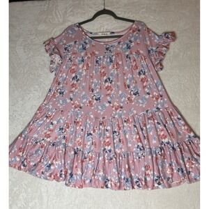 Lovely J Womens Medium Pink‎ Floral Round Neck Short Sleeve Tiered Dress- NEW
